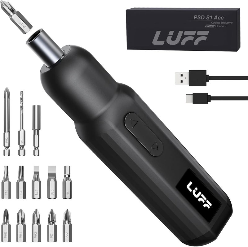 LUFF Electric Screwdriver Set,4V Cordless Rechargeable Screwdriver with 250 RPM Powerful Motor, USB-C, LED, 1 Drill Bit, 12 Bits for Furniture/Electrical - Image 1